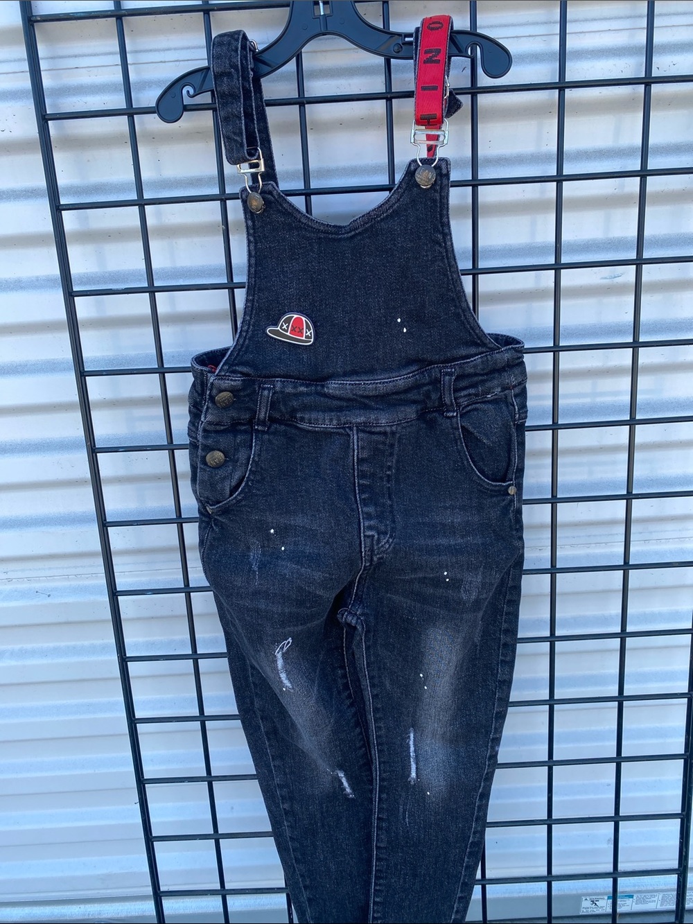 Moschino Black Denim Overalls with Red Branded Straps